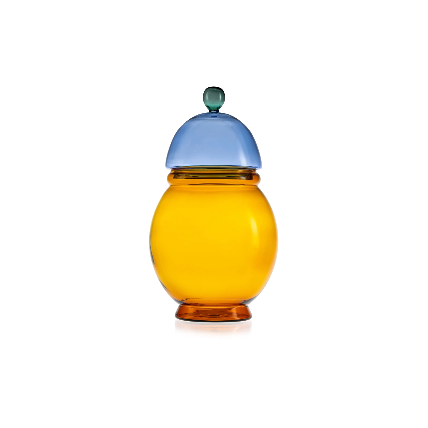 Gli Scacchi amber borosilicate glass container with blue lid and peacock green knob