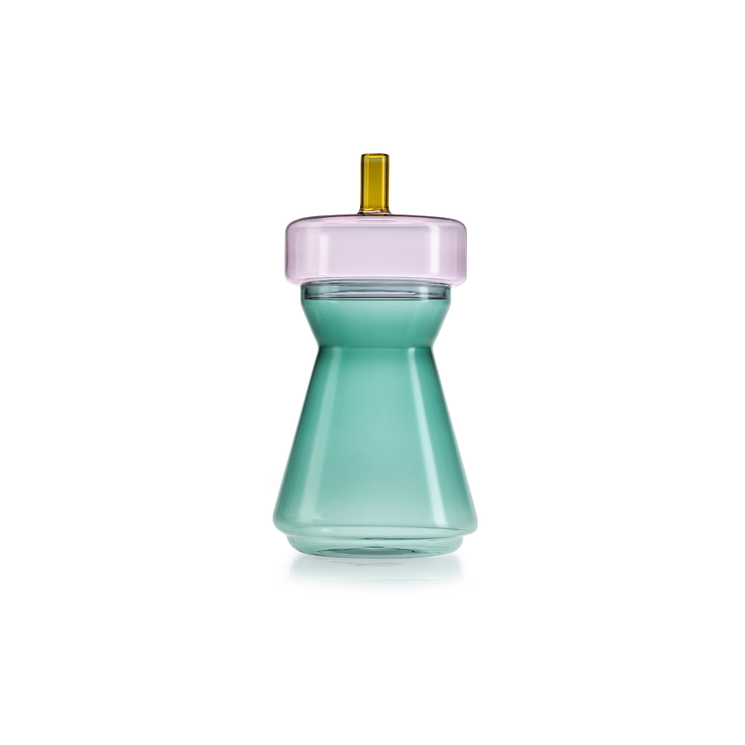 Gli Scacchi peacock green borosilicate glass container with pink lid and amber knob